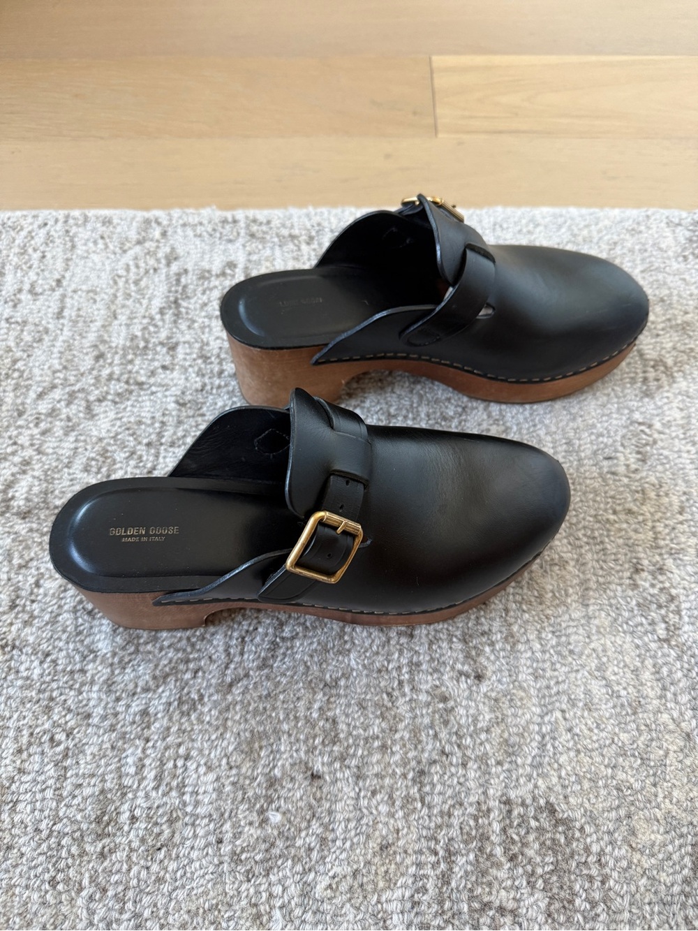 Golden Goose Black Leather Clog Mules with Buckle. Worn but still good!